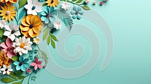 handmade crafted paper spring flowers on turquois blue pastel color background with copy space