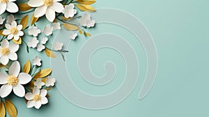 handmade crafted paper spring flowers on turquois blue pastel color background with copy space