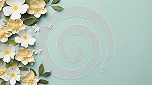 handmade crafted paper spring flowers on turquois blue pastel color background with copy space