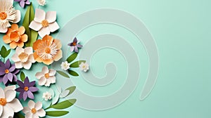 handmade crafted paper spring flowers on turquois blue pastel color background with copy space