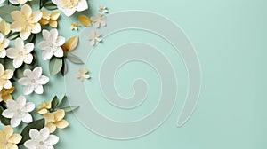 handmade crafted paper spring flowers on turquois blue pastel color background with copy space