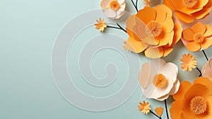 handmade crafted paper spring flowers on turquois pastel color background with copy space