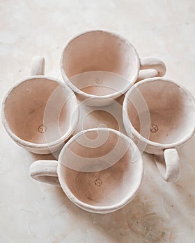 Handmade crafts clay pottery cups nude texture beige skin color bowl natural color eco friendly