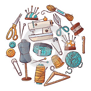 Handmade crafts. Set creative accessories, consumables and tools, hobbies workshop items. Sewing machine, yarn. Objects