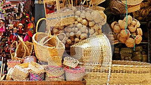 Handmade crafts - woven sraw bags and baskets, wicker baby bed, souvenir, Ecuador