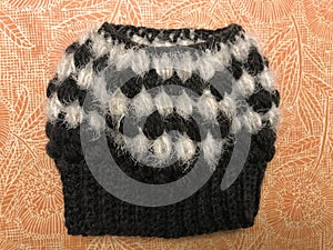 Handmade Crochet Black and White Bulky Yarn Messy Bun Hat photo