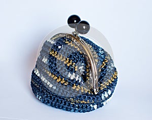 Handmade crochet purse with cotton thread in blue melange color photo