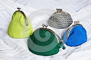 Handmade crochet purse with cotton thread in green, silver, blue photo