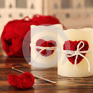 Handmade crochet red heart on candle with skein for Saint Valent