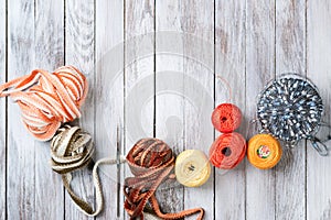 Handmade crocheted pot with wool. Top view.