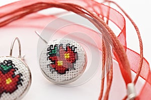 Handmade Cross Stitch Earrings Red Flower