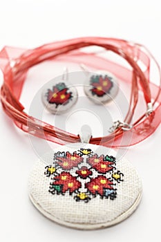 Handmade Cross Stitch Jewelry Set Red Flower
