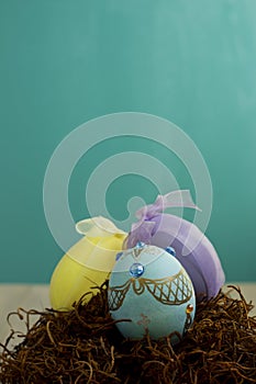 Handmade Decorated Easter Eggs in a Nest