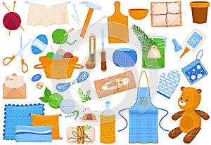 Handmade diy collection, isolated on white, vector illustration. Craft hobby equipment and product, needle, scissors