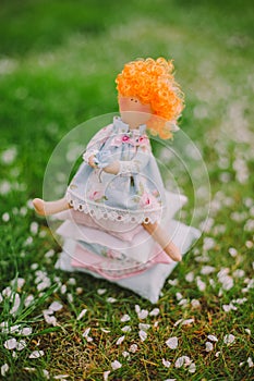 A handmade doll on the grass background