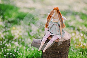 A handmade doll on the grass background