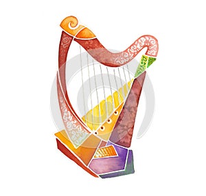 Handmade drawing of a Celtic harp and country folk music instruments in a modern style colored with watercolors