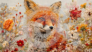 Handmade drawing of a young fox, decorated with a floral pattern, made using bright threads and beads