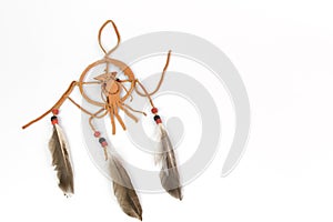 Handmade dream catcher, brown leather and feather