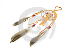 Handmade dream catcher, brown leather and feather
