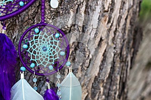 Handmade dream catcher with feathers threads and beads rope hanging