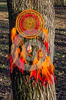 Handmade dream catcher with feathers threads and beads rope hanging