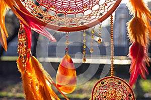 Handmade dream catcher with feathers threads and beads rope hanging