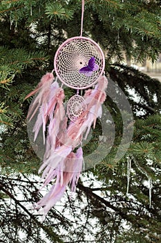 Handmade dream catcher with feathers threads and beads rope hanging