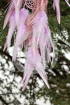 Handmade dream catcher with feathers threads and beads rope hanging