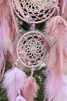 Handmade dream catcher with feathers threads and beads rope hanging