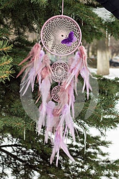 Handmade dream catcher with feathers threads and beads rope hanging