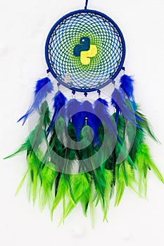 Handmade dream catcher with feathers threads and beads rope hanging