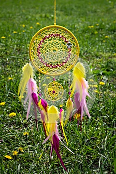 Handmade dream catcher with feathers threads and beads rope hanging