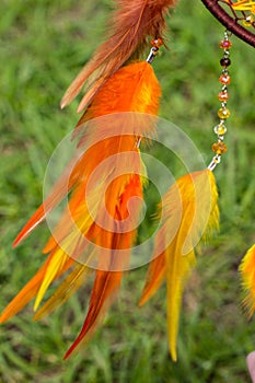 Handmade dream catcher with feathers threads and beads rope hanging