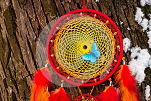 Handmade dream catcher with feathers threads and beads rope hanging