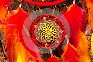 Handmade dream catcher with feathers threads and beads rope hanging