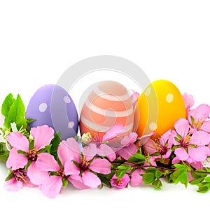 Handmade Easter Eggs frame with spring flowers,