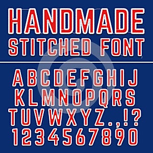 Handmade embroidered vector font alphabet. Stitched letters for fabric decoration