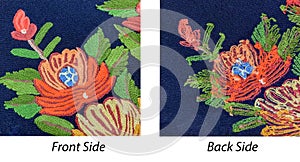 Handmade embroidery flower pattern with back and front side view to compare and detect human made embroidery compared to machine