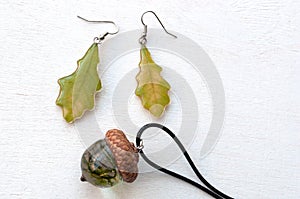 Handmade epoxy resin jewelry. oak leaf earrings. acorn pendant.