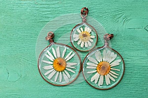 Handmade epoxy resin jewelry. pendant, camomile in copper frame. dried flowers. herbarium.