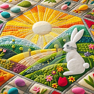 handmade felt blanket with a white rabbit sitting in the middle of a field against the backdrop of the sun.
