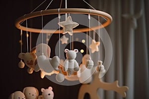 Handmade felt toys above the newborn crib with light garland in the night. Baby crib mobile, first baby eco-friendly toys, cozy