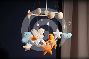 Handmade felt toys above the newborn crib with light garland in the night. Baby crib mobile, first baby eco-friendly toys, cozy