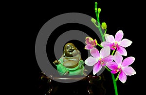 Spritual concept with laughing buddha figurine decorated with pink orchids