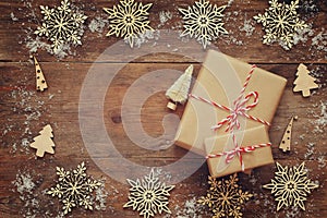 handmade gift boxes over wooden background