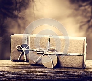 Handmade gift boxes in sepia tone