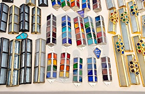 Handmade glass colorful cases for mezuzah sold at handicraft market. Tel-Aviv