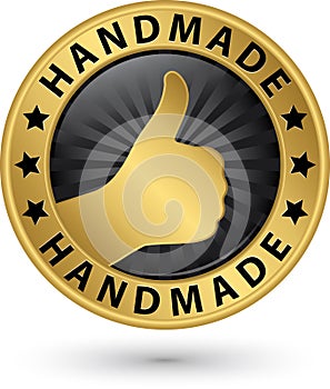 Handmade golden label with thumb up, vector illustration