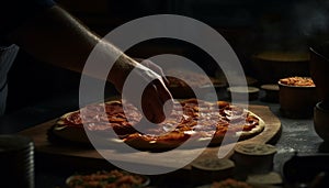 Handmade gourmet pizza baked in rustic pizzeria generated by AI